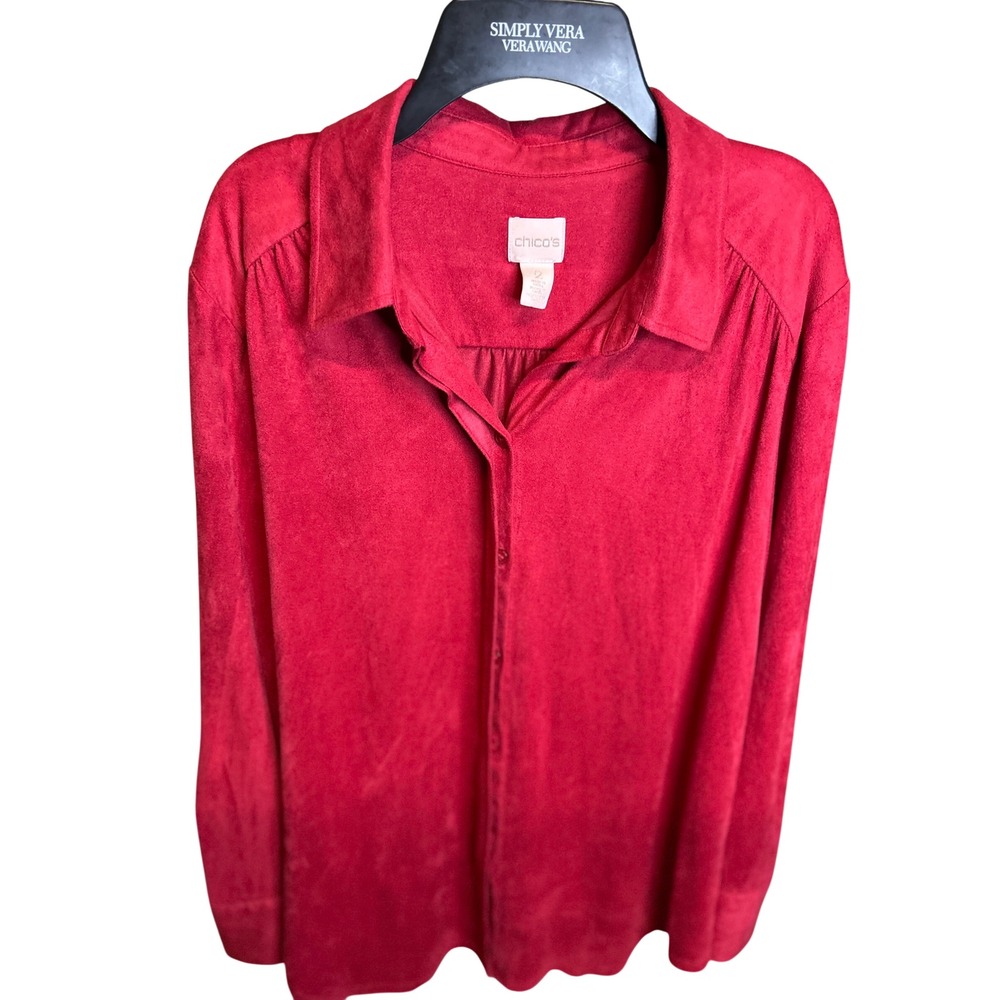 Chico's Shirt Women 2 Red Faux Suede Button Front Long Sleeve Collared Stretch